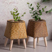 nordic woven plant stand with wooden legs, view 11 - MRSLM