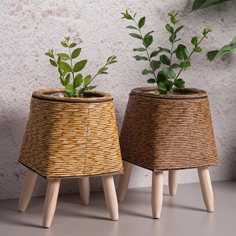 nordic woven plant stand with wooden legs, view 11 - MRSLM