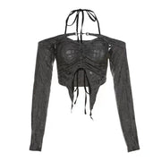 ripped drawstring halter top, view 2 - MRSLM