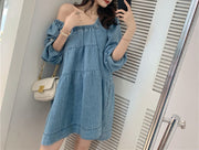 blue square collar denim dress, view 8 - MRSLM