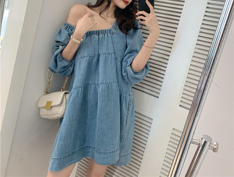 blue square collar denim dress, view 8 - MRSLM