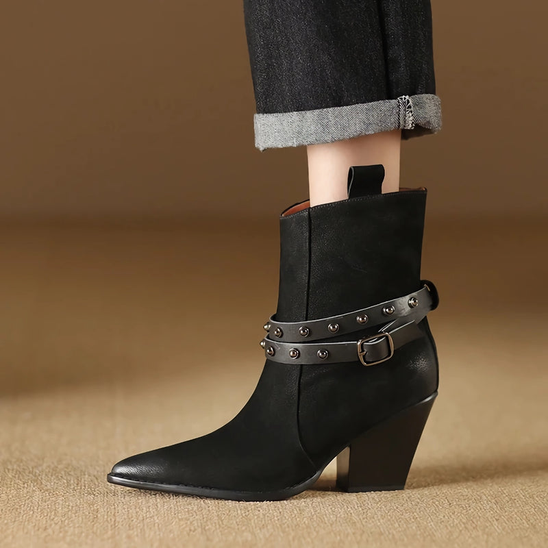 pointed toe chunky heel leather boots for women, view 9 - MRSLM