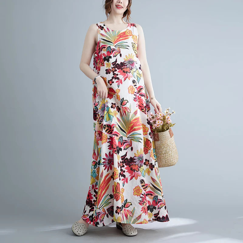 floral print cotton linen long dress, view 7 - MRSLM
