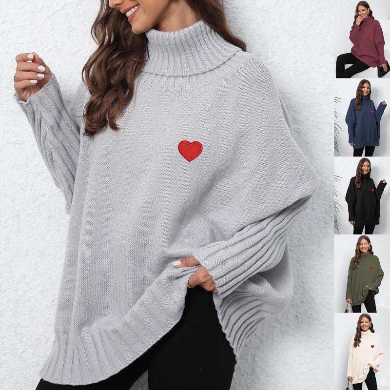women's loose turtleneck sweater with heart patches - MRSLM