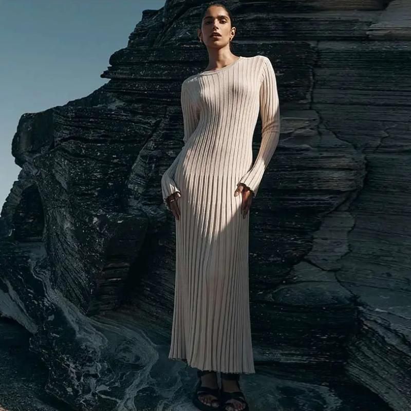 elegant pleated knit dress, view 23 - MRSLM
