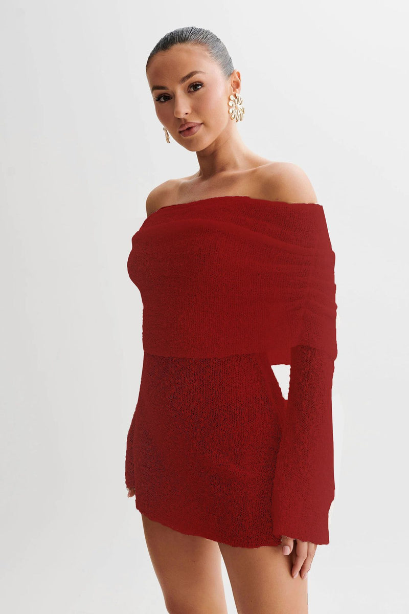 Women's hollow-out off-shoulder long sleeve short dress, view 8 - MRSLM