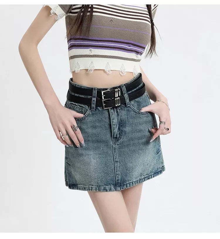 high waist denim mini skirt with belt, view 4 - MRSLM