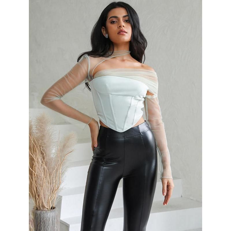 Sheer mesh sleeve strapless backless crop top, view 7 - MRSLM