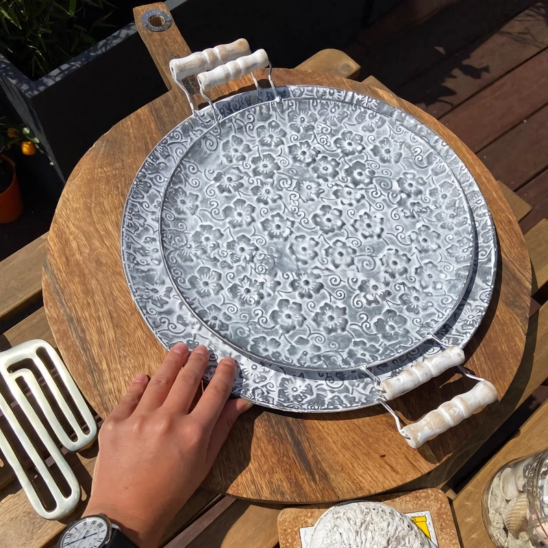round metal antique serving tray, view 3 - MRSLM