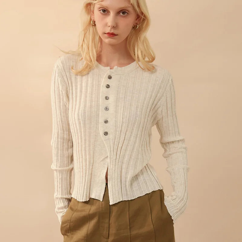 slim fit knitted cardigan with navel cut, view 3 - MRSLM