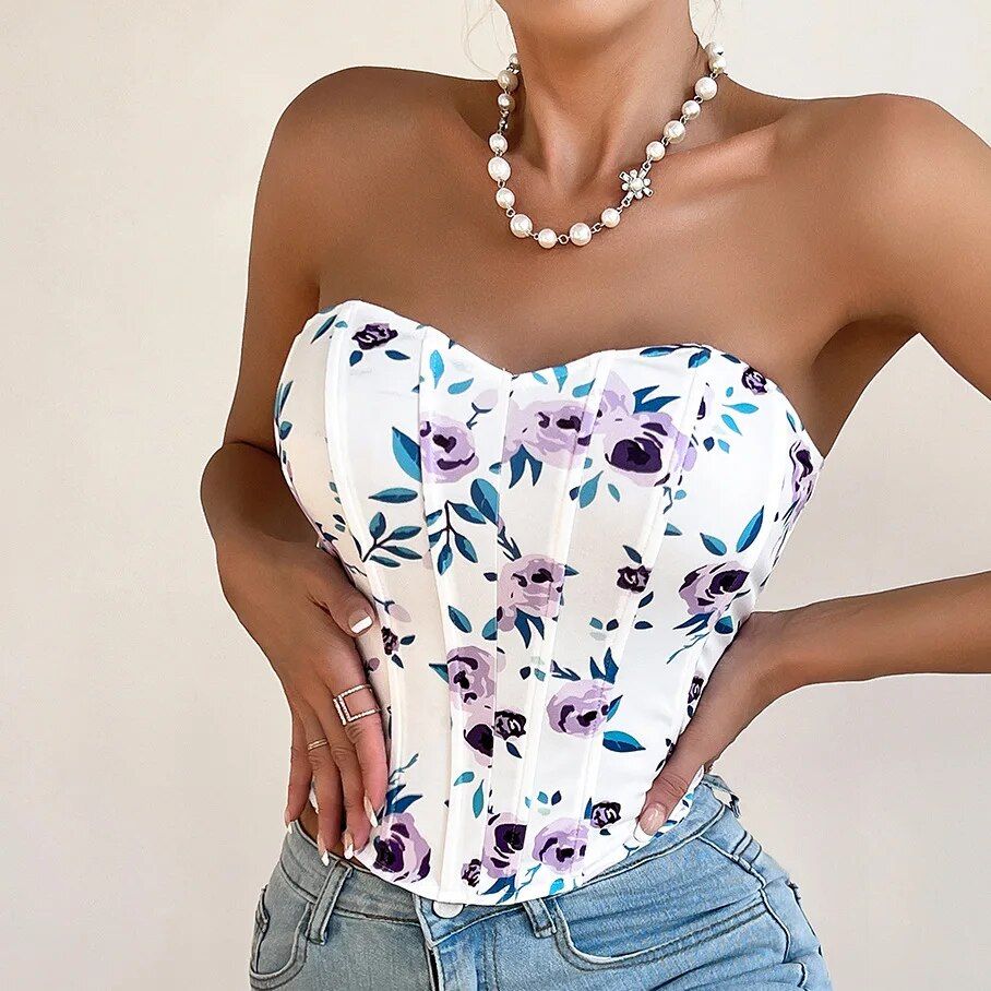 Floral Print Strapless Corset Tank Top