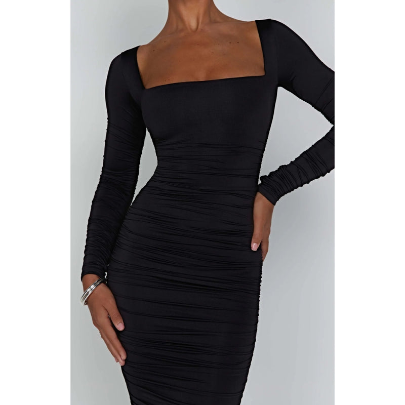 long sleeve ruched midi dress, view 5 - MRSLM
