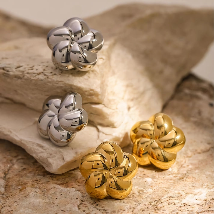 gold plated flower stud earrings, view 9 - MRSLM