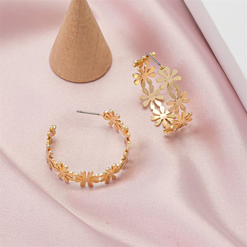 golden C-shaped flower drop earrings, view 6 - MRSLM