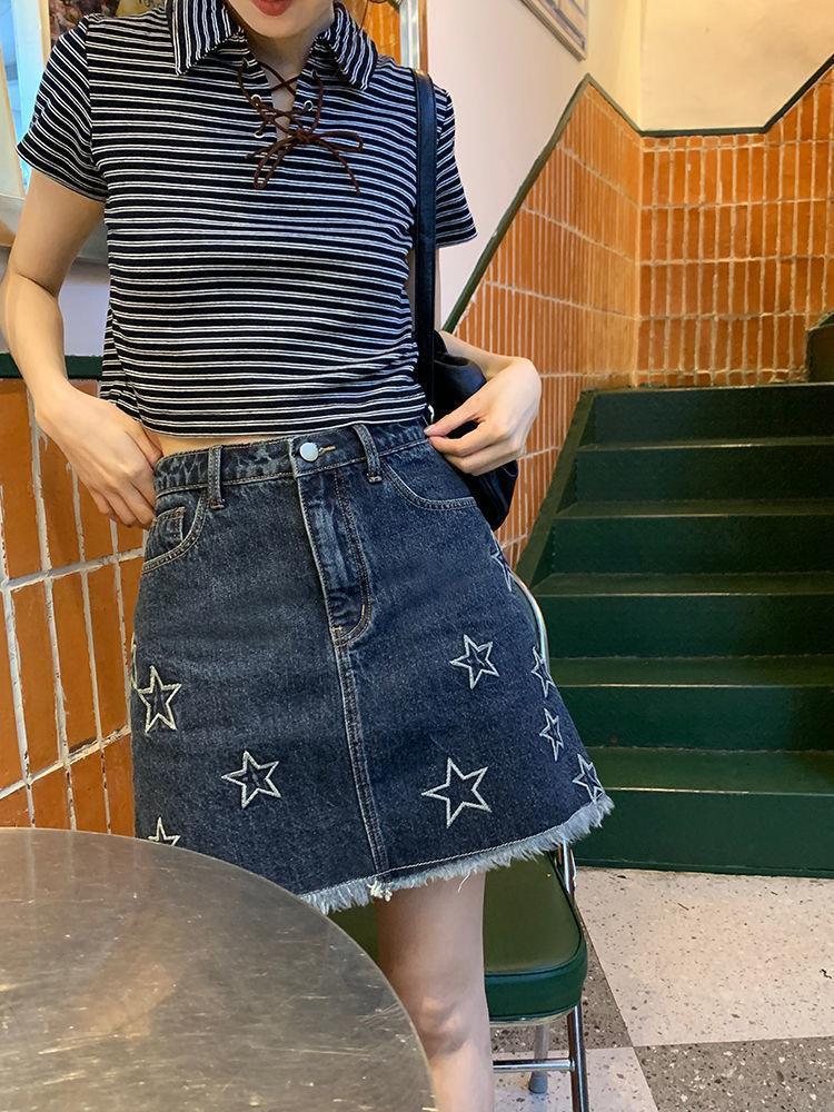 Star Embroidery American Vintage Denim Short Skirt Summer Women's High Waist Spice Girl Half Skirt Bag Hip Skirt