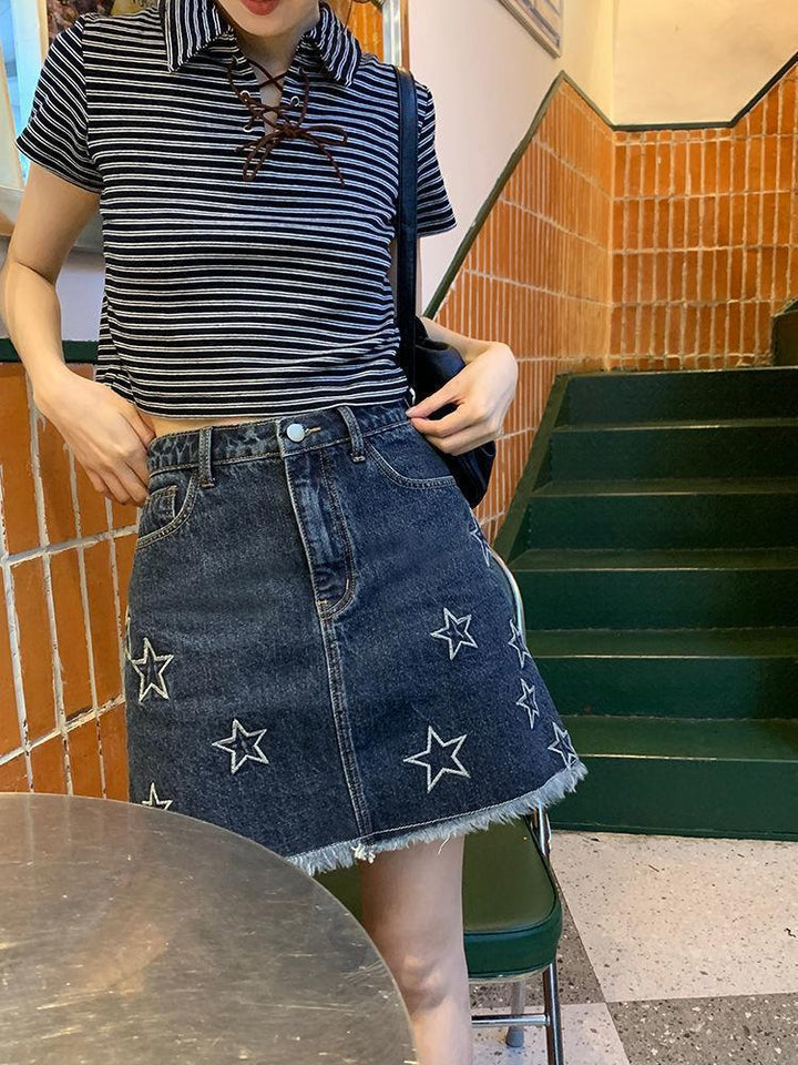 Star Embroidery American Vintage Denim Short Skirt Summer Women's High Waist Spice Girl Half Skirt Bag Hip Skirt