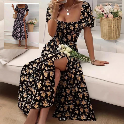Floral short sleeve split long dress - MRSLM