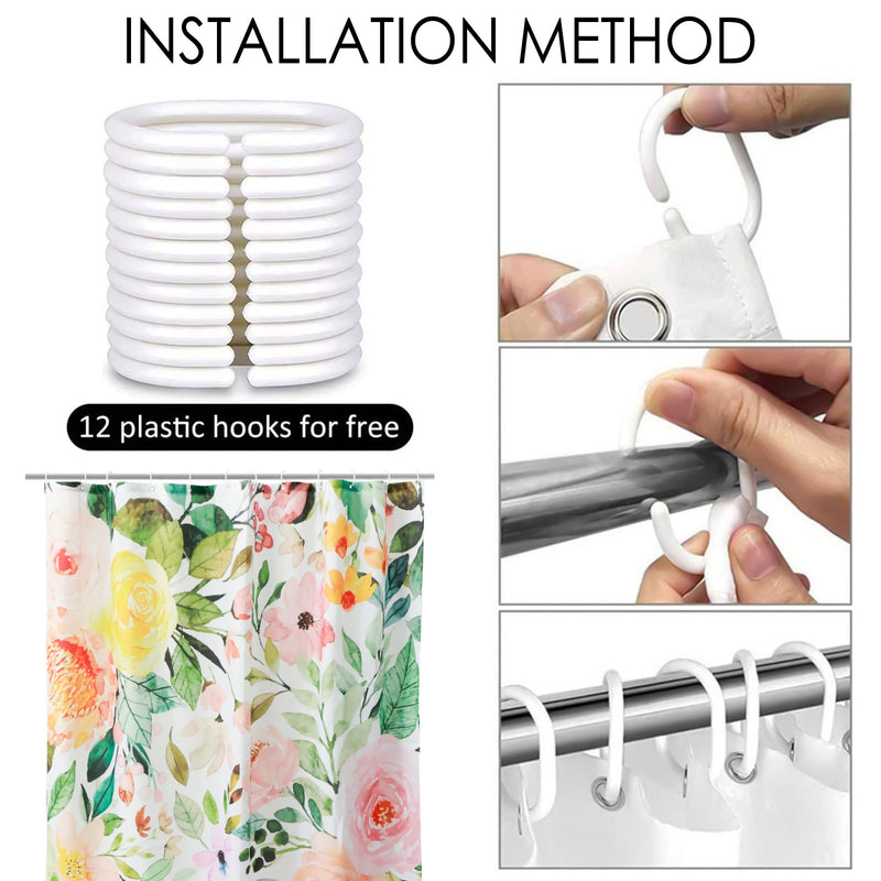 waterproof floral shower curtain with 12 hooks, view 9 - MRSLM