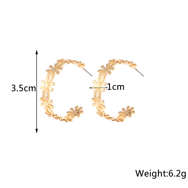 golden C-shaped flower drop earrings, view 2 - MRSLM