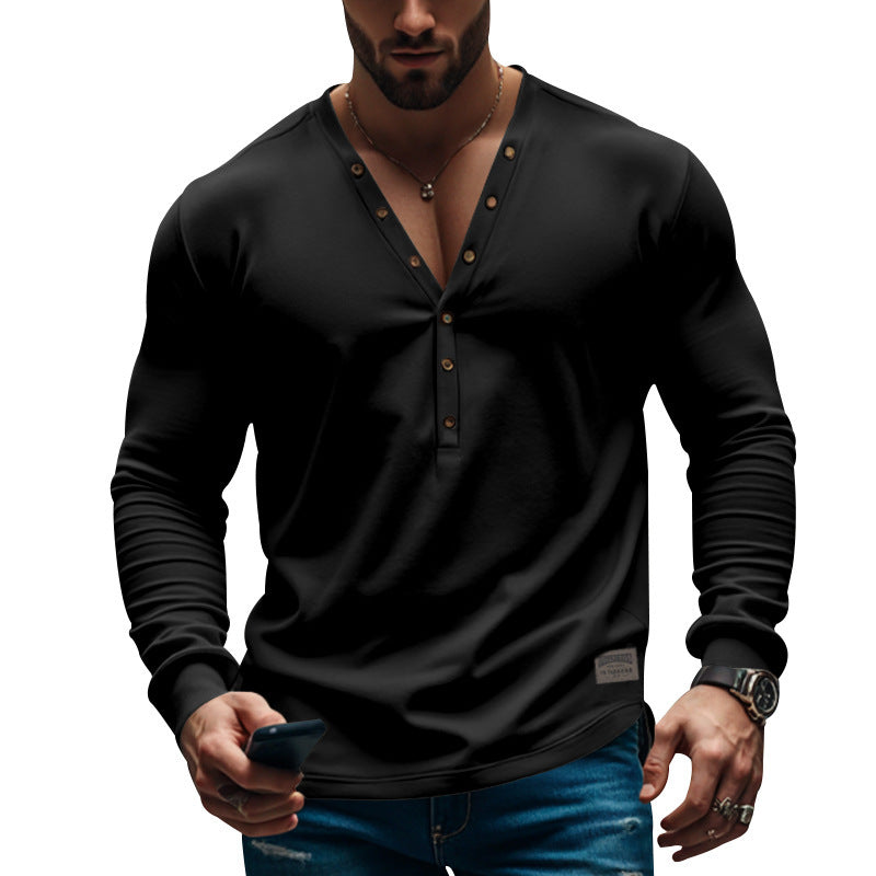 men's slim fit buttoned V-neck top, view 3 - MRSLM