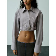 women's spliced belt long sleeve shirt, view 7 - MRSLM