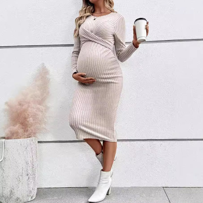 long sleeve maternity dress, view 3 - MRSLM