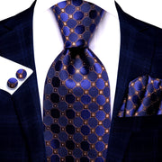 navy blue and gold plaid silk necktie set - MRSLM