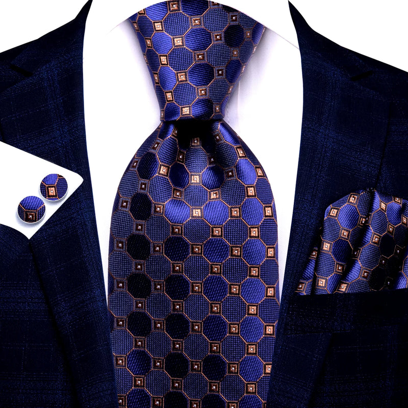 navy blue and gold plaid silk necktie set - MRSLM
