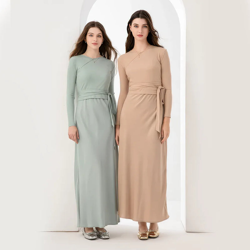 Ribbing wrap top and satin maxi dress set - MRSLM