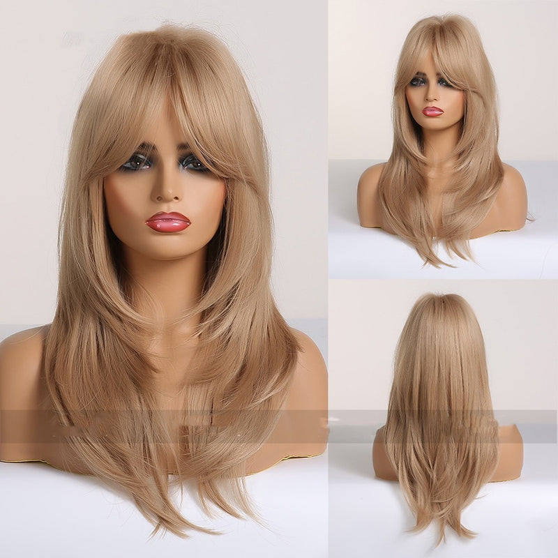 Gradient Gold Black Brown Mid-length Straight Hair Wig
