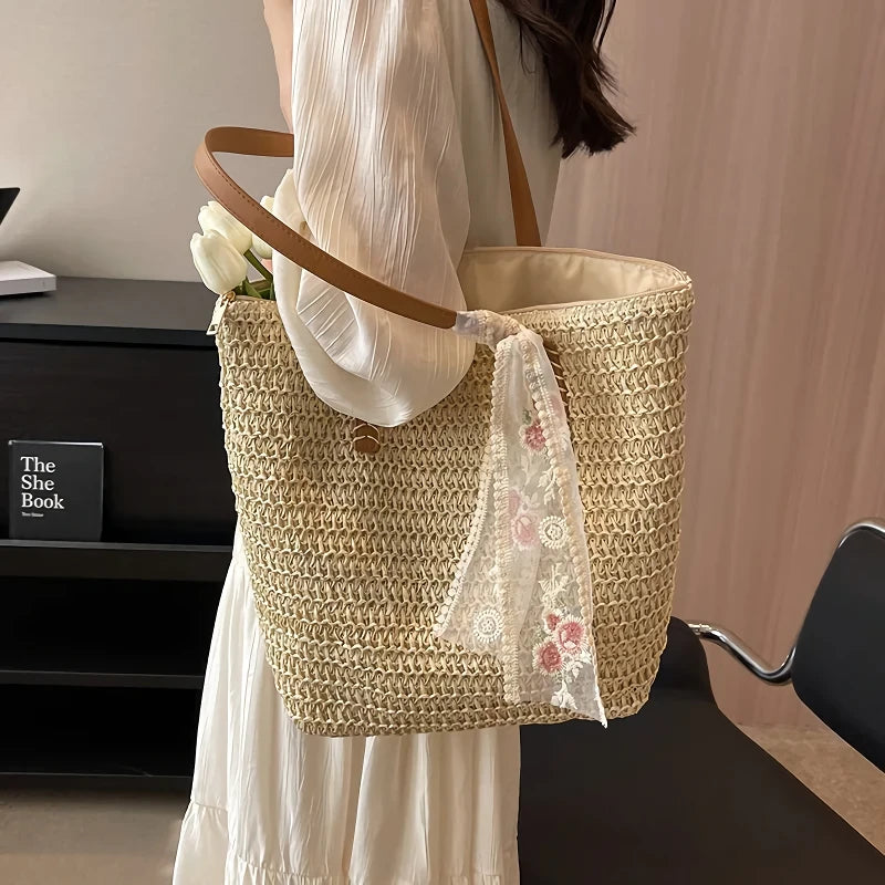 Handmade large woven straw tote bag, view 5 - MRSLM