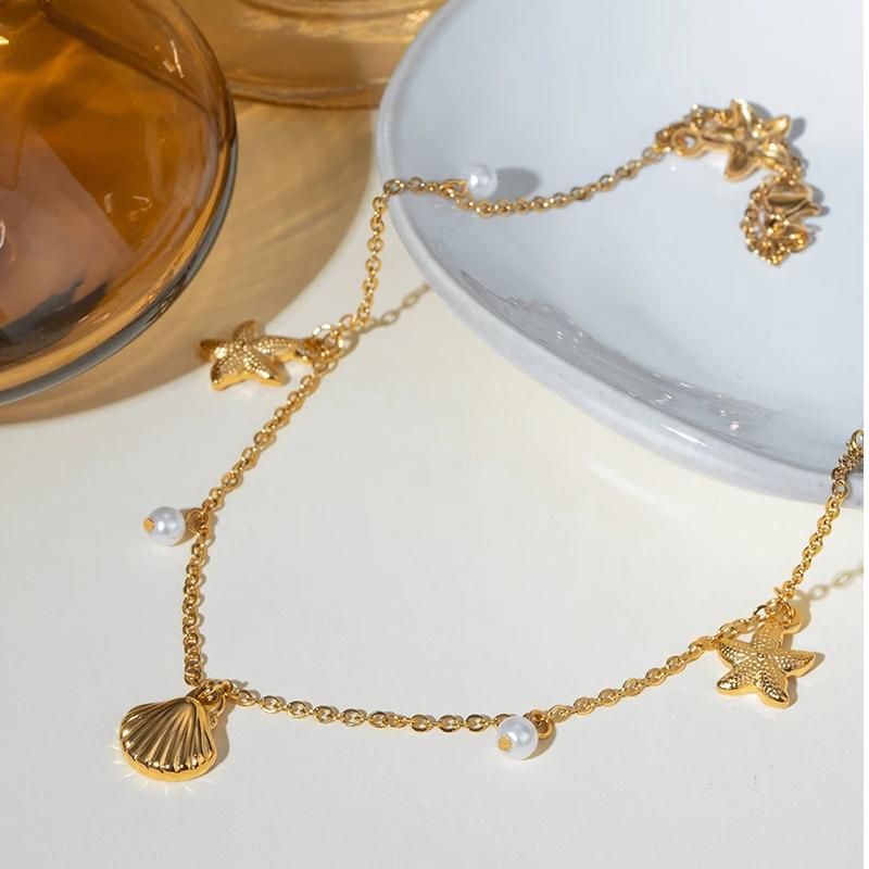 18k gold plated starfish shell necklace, view 2 - MRSLM