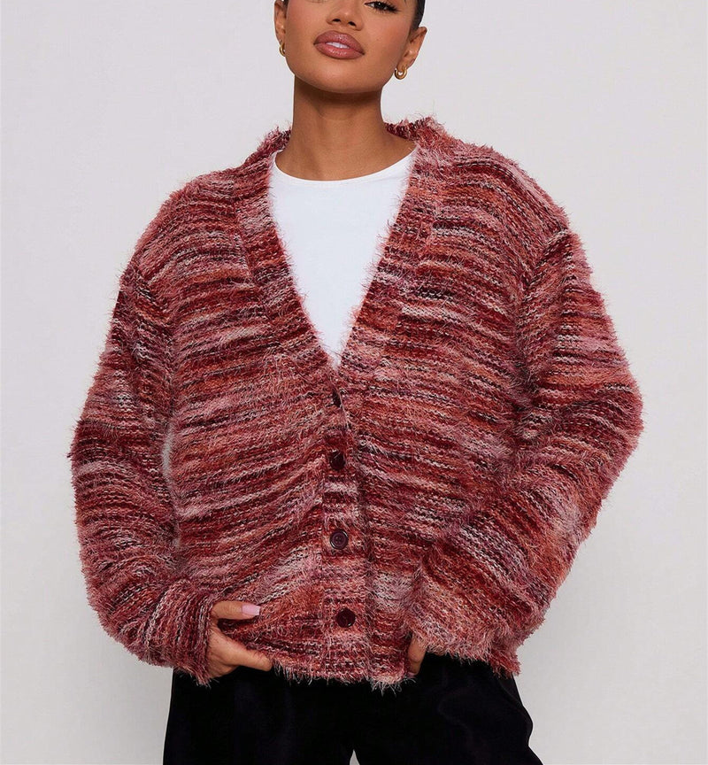 Women's fuzzy space-dye knit cardigan, view 9 - MRSLM