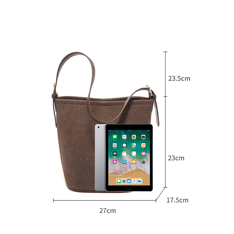 PU leather suede bucket shoulder bag, view 8 - MRSLM