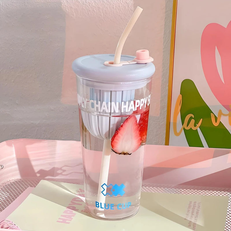 Cute glass cup with lid and straw, view 5 - MRSLM