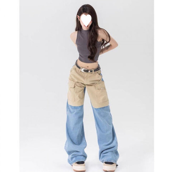 American Hot Girl Contrast Color Wide Leg Jeans Women