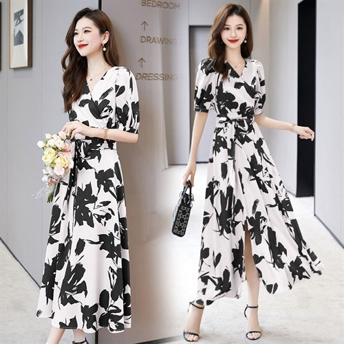 V-neck printed short sleeve dress, view 5 - MRSLM
