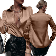 satin pleated long sleeve loose top, view 9 - MRSLM