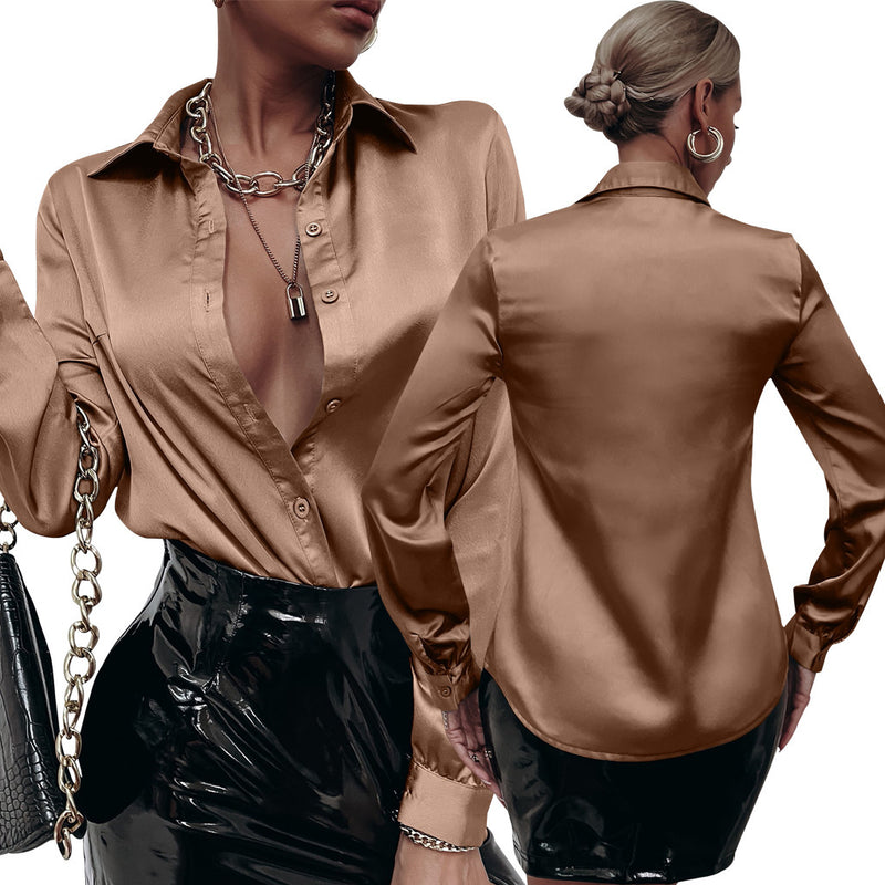 satin pleated long sleeve loose top, view 9 - MRSLM
