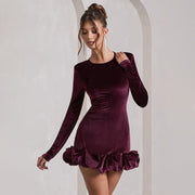 Women's velvet pleated long-sleeve dress - MRSLM