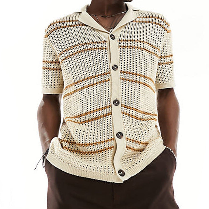 men's knitted lapel short sleeve hollow cardigan, view 2 - MRSLM