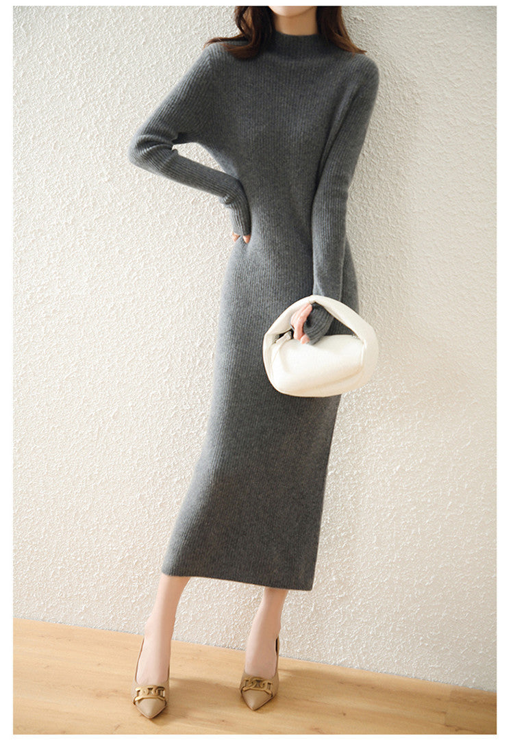 Women's slim-fit long knitted wool dress, view 7 - MRSLM