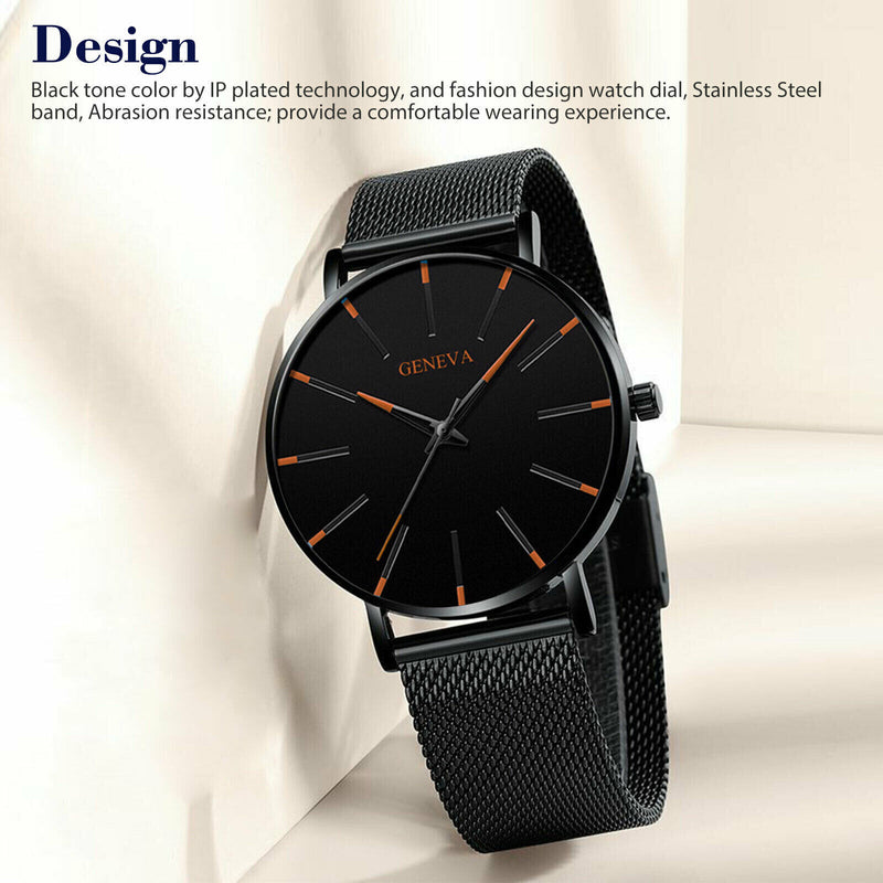 men's ultra thin black quartz watch, view 6 - MRSLM