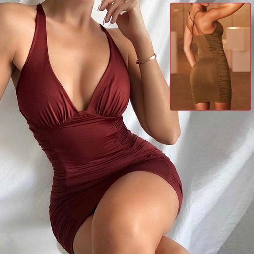 Deep V-neck suspender backless short dress - MRSLM