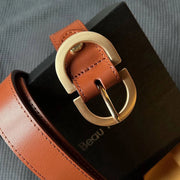 Women's cow leather belt with retro oval buckle, view 6 - MRSLM