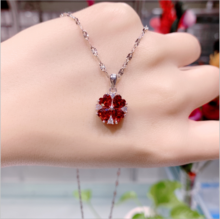silver red zircon lucky grass collar chain, view 4 - MRSLM