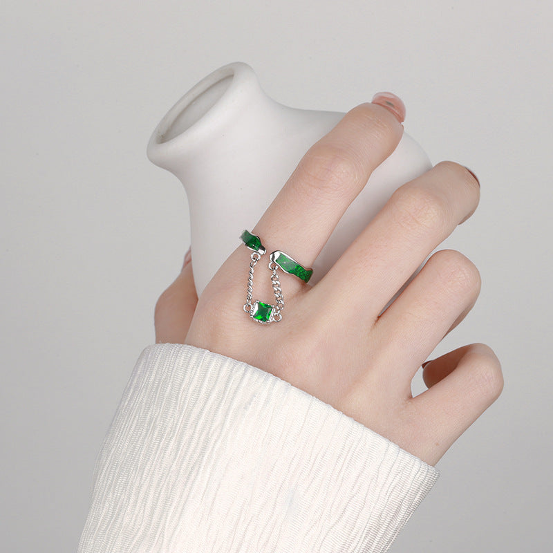 sterling silver green glaze chain zircon ring - MRSLM
