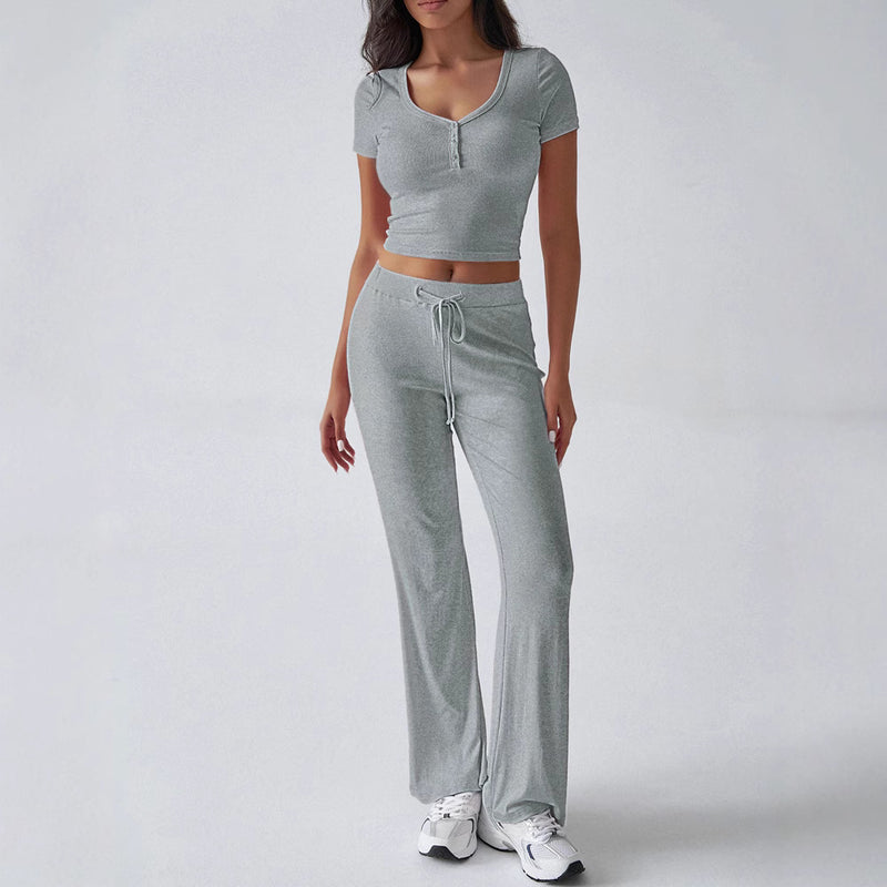 Women's solid color crew neck casual set, view 4 - MRSLM