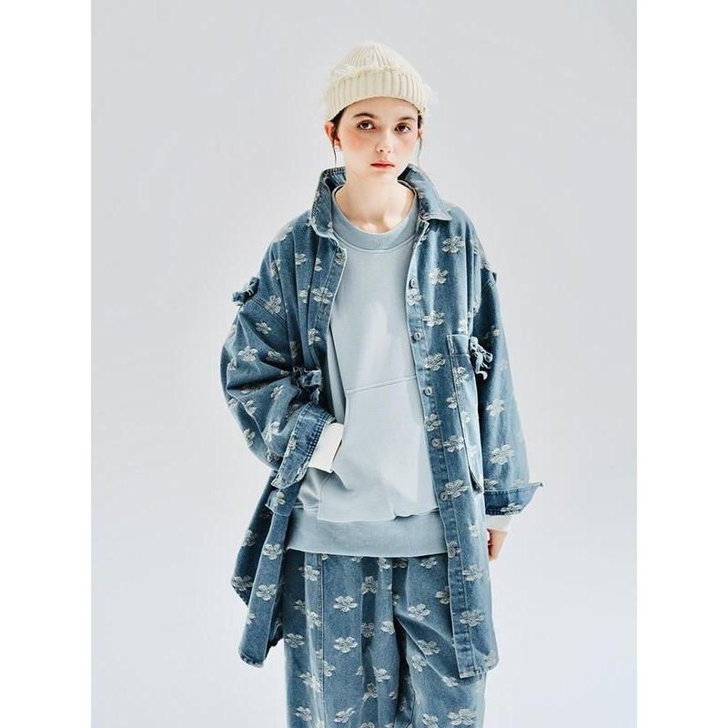 Floral jacquard denim long shirt coat, view 4 - MRSLM