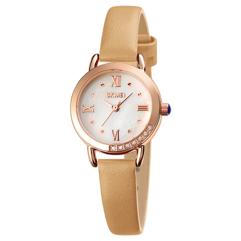 small round leather strap ladies quartz watch, view 2 - MRSLM